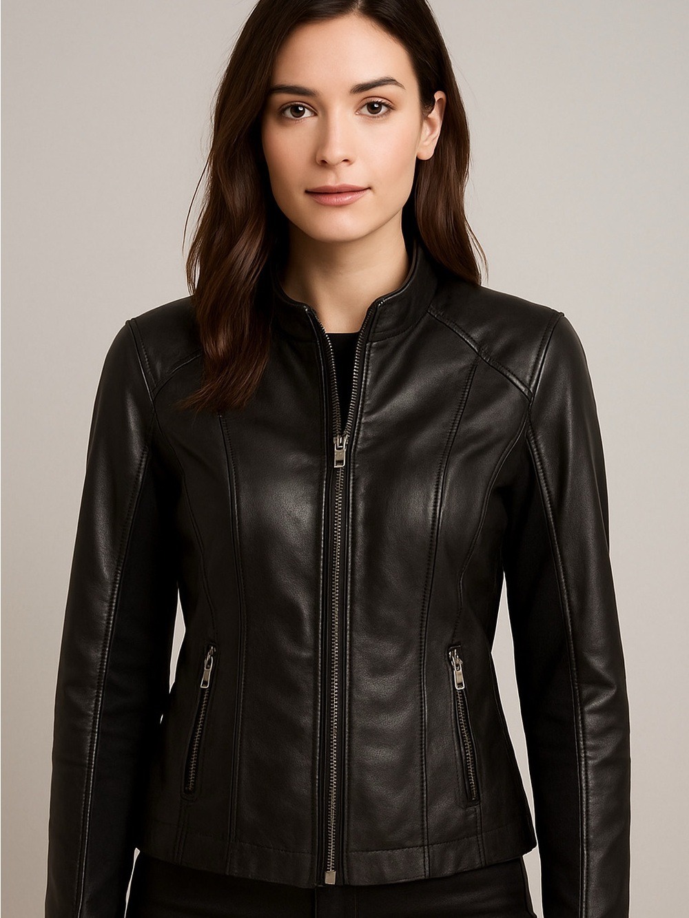 DANIER Italian leather Zip-Front Jacket fabric panel sleeves zip pockets black M